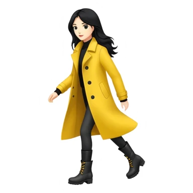 Long black haired woman walking in yellow coat and black boots sticker