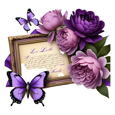 An antique love letter bundle, bound delicately with a purple silk ribbon, rests beside an arrangement of dried blush violet roses, lilac peonies, and soft purple dahlias, while a silver butterfly brooch adorned with pearls seems to pause, captivated by the deep violet inked calligraphy flowing across the aged parchment. sticker