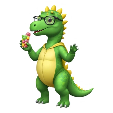 Dinosaur with glasses in a banana onesie filled with candy packets sticker