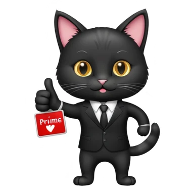 A cat in a black business suit holds a sign with the inscription "PrimeCopy" with one paw and shows a like with the other paw sticker