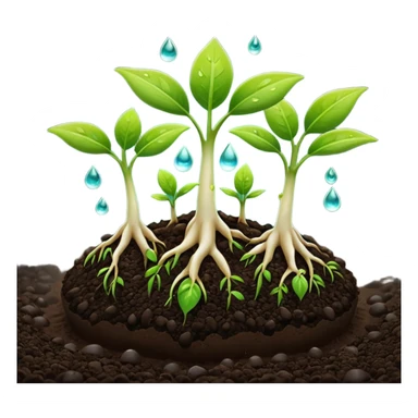 A 3D cartoon view of small green seedlings sprouting from dark soil, soft sunlight, water droplets on leaves, minimal background, realistic Memoji-style look. sticker