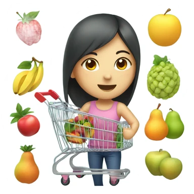 Asian girl with shopping cart full of fruits sticker