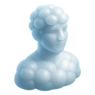 person looking straight, composed entirely of white fluffy convex clouds, shoulders up, matte glass style sticker