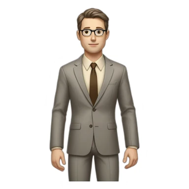 Full height Actively Gesturing Pale skinned fit man with dark brown hair in gray jacket, beige office shirt, brown tie, brown pants and vintage glasses. sticker