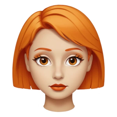 A person emoji with light skin, short orange hair swept to one side, matching orange eyebrows, brown eyes, an oval-shaped face, a small nose, and dark lipstick. sticker