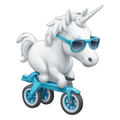 Une licorne blanche qui fait de la trotinette et qui a des lunettes de soleil sticker