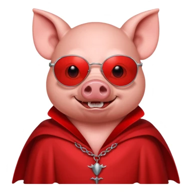 Vampire animal, pig in red collar cloak, red eye, fangs, sunglasses sticker