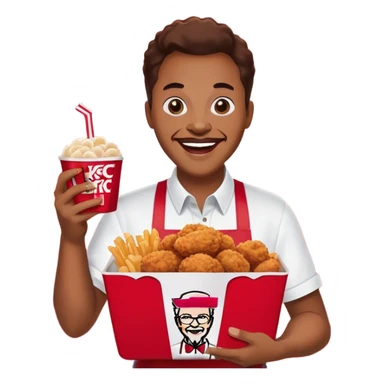 Create an emoji of a person holding a KFC meal with the phrase 'Absolute Cinema' in bold text. The person should look excited, as if they're enjoying the best meal ever. Use vibrant colors and a fun, expressive style."Remove the cup from the image and replace it with empty space. Keep the person holding the KFC meal with a happy expression. Add the phrase 'Absolute Cinema' in bold text, making sure it is clearly visible and well-integrated into the design." sticker