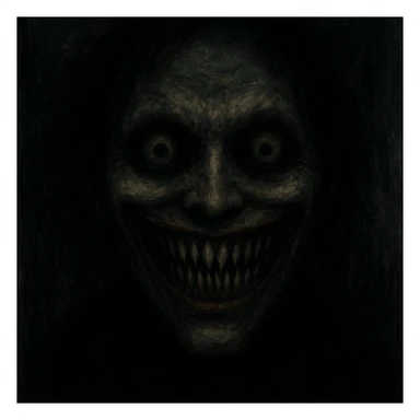 scary happy face, horror-inspired, sharp teeth, unsettling eyes, dark color palette, eerie and unsettling atmosphere sticker