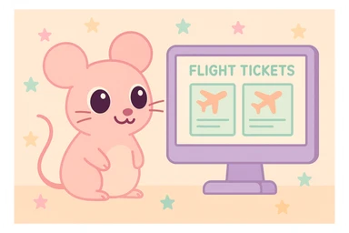 a cute style rat looking at flight tickets on a computer sticker