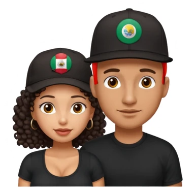 A picture of a cute tanned couple. the man is Mexican, with a bald hair cut wearing a SnapBack hat and a black shirt. the woman is mixed, she has curly longer dark brown hair, wearing no hat, and with big boobs  sticker