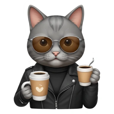 Gray cat, wearing sunglasses, leather black jacket, holding coffee mug sticker