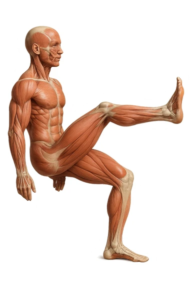CORPO UMANO ANATOMICO REALISTICO CHE FA UN ESERCIZIO DI MOBILITà ARTICOLARE ALLE GAMBE, IPERREALISTICO 4K sticker