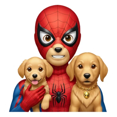 Spider-Man with Spider-Man mask and his golden retriever and his gold sticker