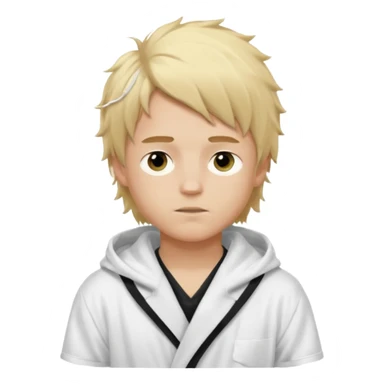 Create a blond boy with long, messy hair, light eyes, a white t-shirt, rich, with long hair, blue eyes, medium-length, voluminous hair, wearing a black Nike bathrobe and a little blush near his nose. and with a  balaclava, but showing her hair. sticker
