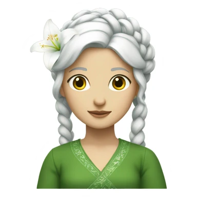 A white hair girl with a big braid and a white lily on the top left of the hair,a green dress made by lily leaves sticker