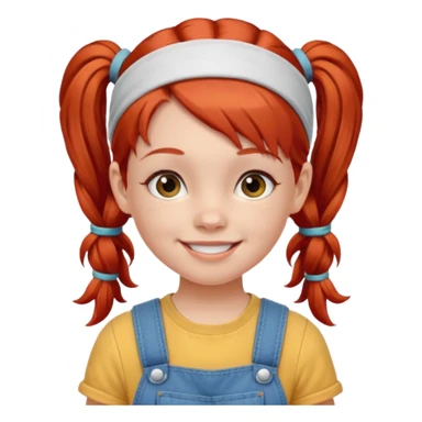 10 year old girl emoji, red hair in pigtails, wearing a headband and overalls, friendly look sticker