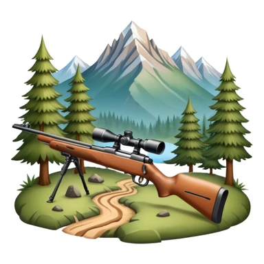 Icon for Hunting Tourism: hunting rifle, surrounded by nature elements like trees, mountains, and wildlife tracks. The icon should represent the adventure and exploration of hunting tourism. Transparent background. sticker