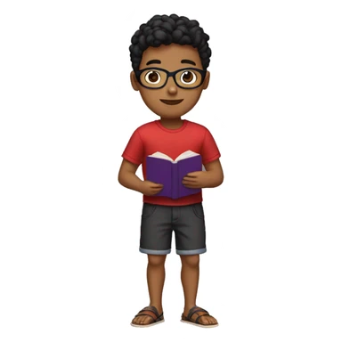 a brown boy in a red and black shirt, blue shorts, wearing sandals, short hair and black glasses, holding a purple book sticker