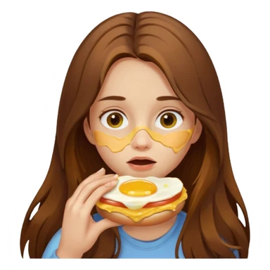 Girl with brown long hair eating egg sandwich. Messy egg over face.  sticker