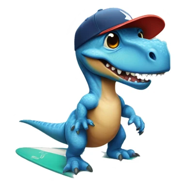 dinosaur on surfboard wearing a baseball hat sticker