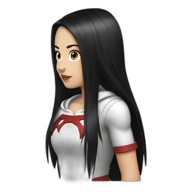 White girl long straight black hair white streak red hood sticker