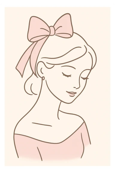 minimalist coquette woman with soft lines, pink bow, tender expression, simple and clean design sticker