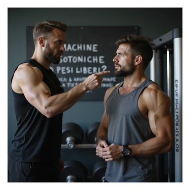 man in gym with doubtful expression, a friend next to him pointing at free weights while he looks at isotonic machine, wearing sportswear, atmosphere of choice, realistic details, blackboard with 'Macchine isotoniche o pesi liberi?' written, 4K quality sticker