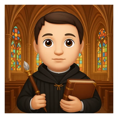 Add a church background behind Martin Luther with a quill and Bible, in the style of apple emojis, preserving the apple emoji style look and feel. sticker