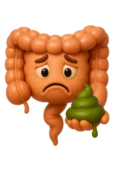emoji stile iphone 3d di un intestino con espressione triste con cacca verde e liquida in mano, iperrealistiche 4k sticker