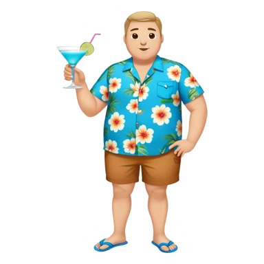 chubby guy full figure in a flowered azure havai shirt, brown shorts and flippers holding a cocktail sticker