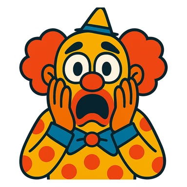 terrified clown, hands on cheeks, mouth wide open, eyes bulging in fear sticker