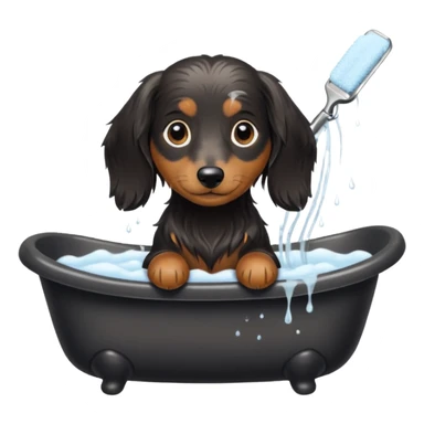 Black and cream Long haired Dachshund getting bath and haircut sticker