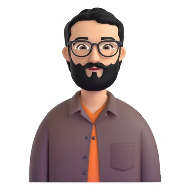 man with medium black beard, black hair, connected unibrow, olive tan skin, brown eyes, glasses, prominent long nose, wearing casual business attire like a button-up shirt without tie sticker