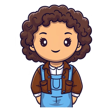 white girl with very curly dark brown hair, brown eyes, wearing farm clothes sticker