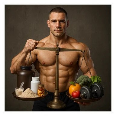 A 35-year-old bodybuilder con equilibrio su uso di sostanze e non. immagine iper realistica, fai una bilancia sticker