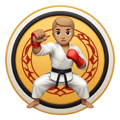 An emblem-style emoji symbolizing striking martial arts. The design features a stylized fighter in a dynamic stance, delivering a powerful punch, surrounded by a circular border with traditional elements like fists and combat symbols. Bold, clean lines with contrasting colors. sticker