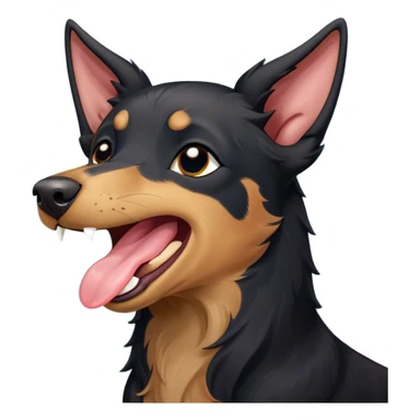 Cinematic Cute Yawning Black and Tan Kelpie Portrait Emoji, Head tilted slightly with a dramatic, wide-open yawn, showcasing a smooth black Fur with distinct tan accents, floppy ears slightly drooping, round dark eyes barely open in drowsy contentment, Simplified yet irresistibly adorable features, highly detailed, glowing with a soft, cozy glow, high shine, relaxed yet expressive, stylized with a touch of whimsy, bright and endearing, soft glowing outline, capturing the essence of a sleepy yet affectionate herder, so drowsy it feels like it could stretch out of the screen and curl up for a nap! sticker