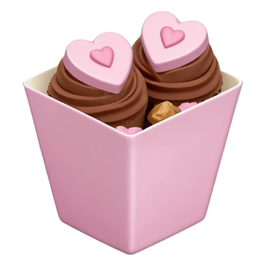 Two glossy square milk chocolate pralines placed diagonally, each in a white ridged paper cup, topped with a soft pastel pink heart icing with subtle sugar sparkle.
Cute minimal emoji-style, realistic and polished, clean studio lighting, pure white background, smooth 3D render, high resolution. sticker