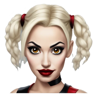 Gwen Stefani in Harley Quinn style, oil paint, mysterious eyes, intricate lips, masterpiece portrait, odd perspective, beautiful, desirable, logical sticker