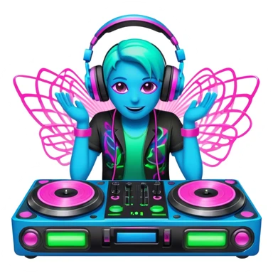 Create a dynamic and modern emoji that represents electronic music and DJing. The design should feature a DJ controller with two vinyl turntables, DJ headphones, and glowing sound waves or a waveform to symbolize the energy of mixing and electronic beats. Use vibrant neon colors like electric blue, neon pink, or green to represent the futuristic and pulsating nature of electronic music. Add subtle details of flashing lights or abstract patterns to evoke the nightclub or festival atmosphere. The background should be transparent. sticker