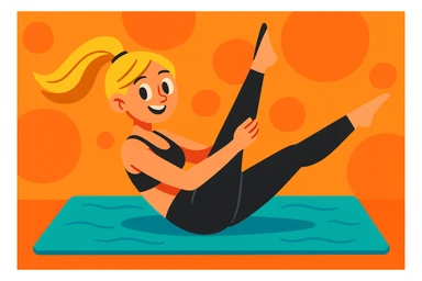 dirty blonde girl with black leggings and black bra doing pilates, stretching on a mat, vibrant toon style sticker