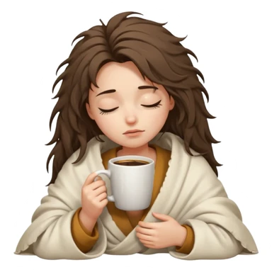 girl inside a offwhite blanket holding a coffee mug eyes closed, looking sad sticker