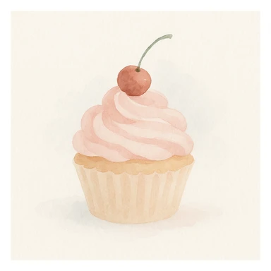 cupcake with pink icing and a cherry on top, airy and whimsical feel, watercolor art style sticker