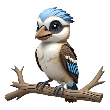 cinematic-kookaburra-realistic-full-body-perched-emoji,-compact-sturdy-frame-balanced-on-a-weathered-branch,-blue-and-white-feathered-wings-folded-neatly,-bold-striped-face-with-a-mischievous-glint-in-its-eye,-massive-sharp-beak-slightly-open-as-if-ready-to-laugh,-simplified-yet-realistic-focused-features,-highly-detailed,-glowing-with-a-warm-golden-light sticker