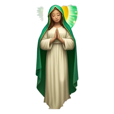 Virgin Mary: kind face looking down at the left, long brown hair, Wearing an emerald green  robe with gold stars and a burgundy red dress,  Hands in prayer or blessing. Halo around her head. standing in front of a big sun. colorful roses on the sides  sticker