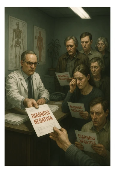 A realistic, cinematic illustration set in a dull, grey-toned medical office. A middle-aged male doctor in a white coat with a stern, cold expression is seated at his desk, handing out medical reports with large red ‘Negative Diagnosis’ stamps to each patient in line. The patients, of various ages and appearances, stand in a line, each looking increasingly sad, defeated, and demoralized as they receive their papers, with slumped shoulders and empty gazes. One young woman wipes away a tear, while a man stares at the paper in shock. The background shows medical posters, a faded plant, and harsh fluorescent lighting, emphasizing the cold, mechanical environment. The mood is heavy, illustrating how negative diagnoses delivered without empatia can deeply affect the mental health and morale of patients. The style is realistic, with subtle filmic grain, emphasizing emotional impact and the weight of medical words on people’s lives. in italiano sticker