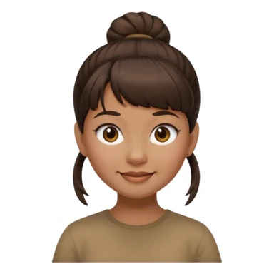 In Apple Memoji format, a girl with dark brown hair. She has bangs and her hair is in a singular high bun. The girl is arab and has light brown skin. She is wearing a brown shirt. She is soft smiling, no teeth shown. sticker