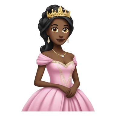 princess with black long hair, pink gown, gold crown, white skin, diamonds sticker