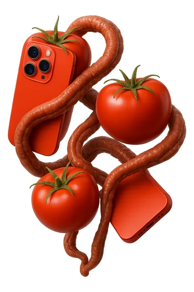 emoji stile iphone di pomodori che fluttuano in aria con colon attorcigliato intorno, iperrealistico 4k, isolato su sfondo bianco sticker